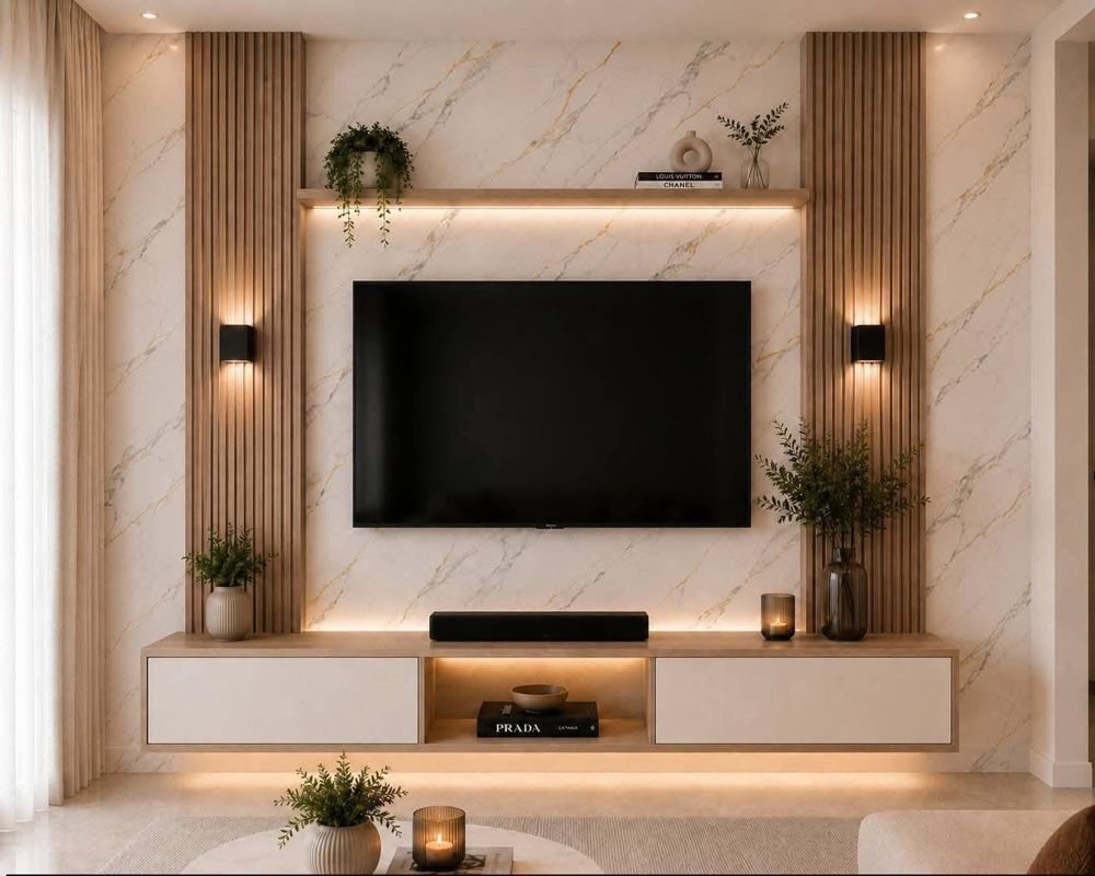 Panel TV dinding marmer hasil pemasangan Jaya Makmur